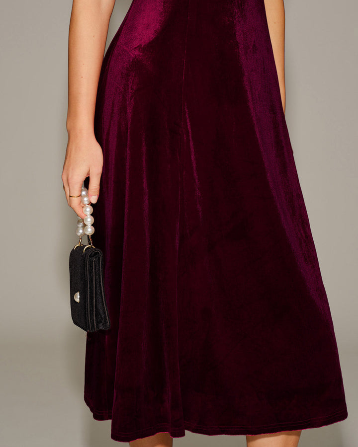 Morgan and Brooke | Velour Sweetheart Neck Midi Dress in Red