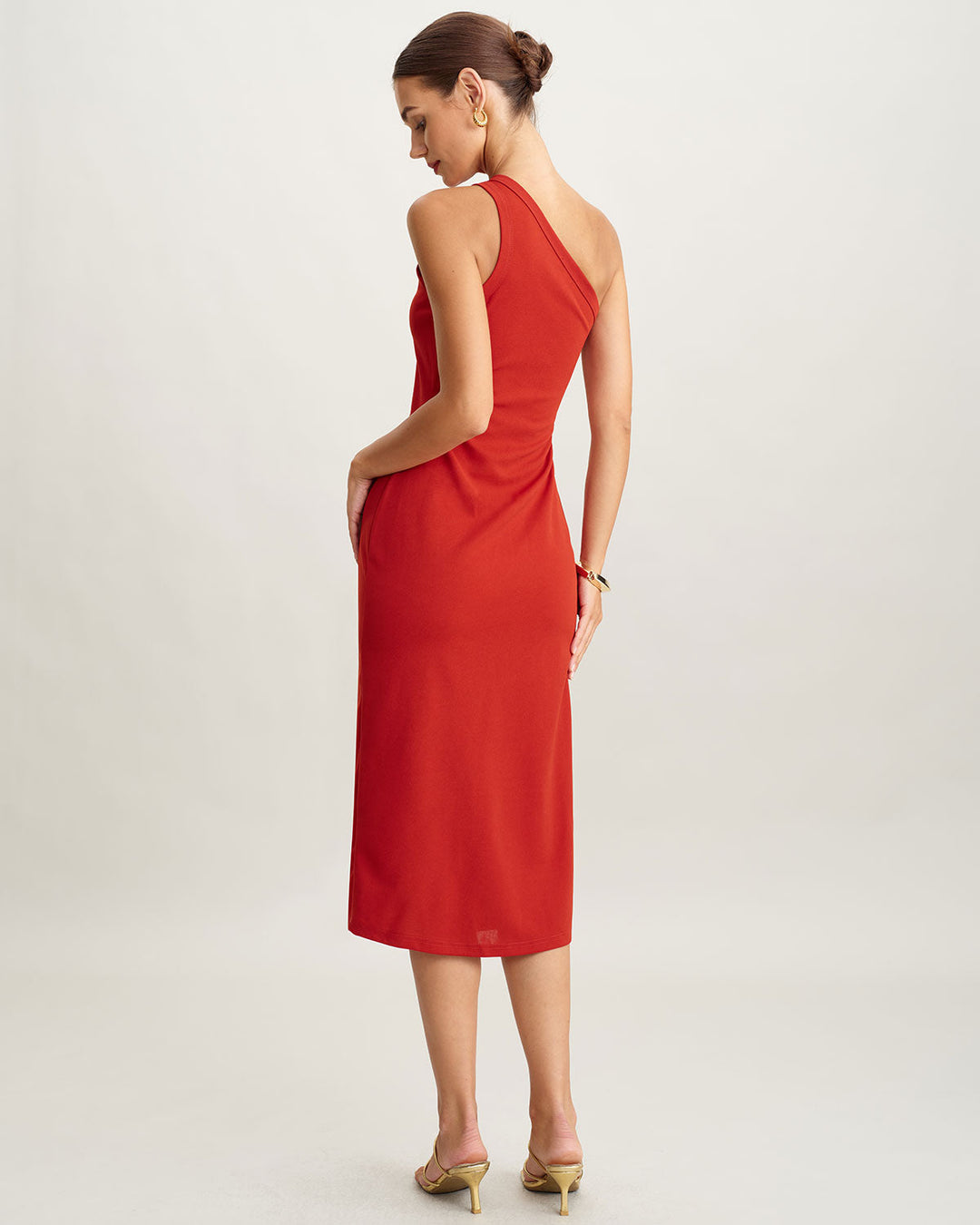 Morgan and Brooke | Knit One Shoulder Midi Dress in Red