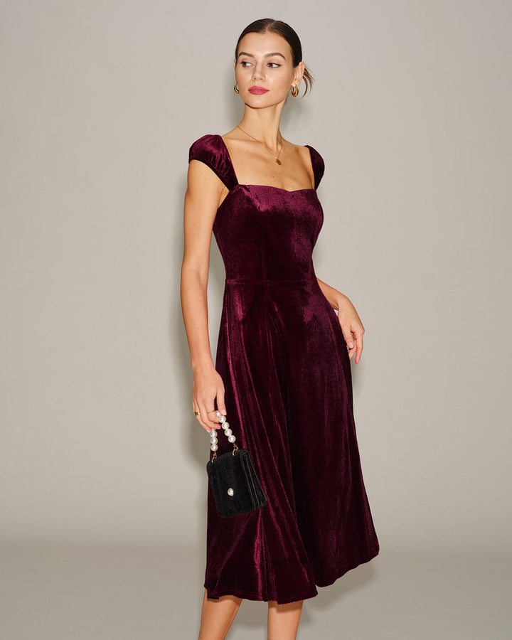 Morgan and Brooke | Velour Sweetheart Neck Midi Dress in Red