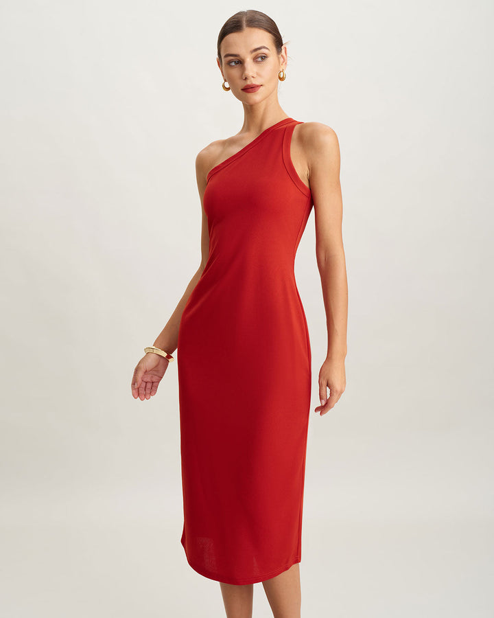 Morgan and Brooke | Knit One Shoulder Midi Dress in Red