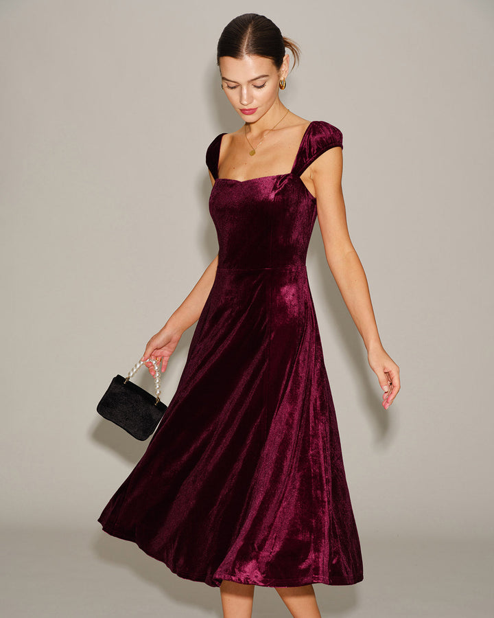 Morgan and Brooke | Velour Sweetheart Neck Midi Dress in Red