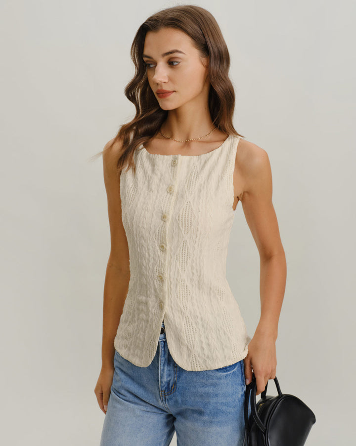 Morgan and Brooke | Beige Boat Neck Button Tank Top