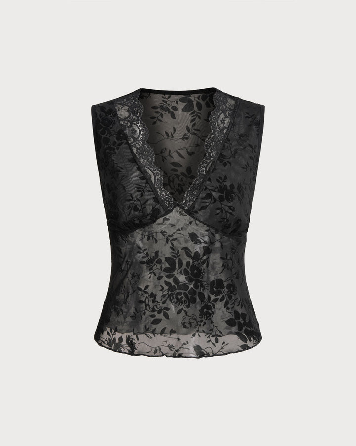 Morgan and Brooke | Lace V Neck Tank Top for Women in Black