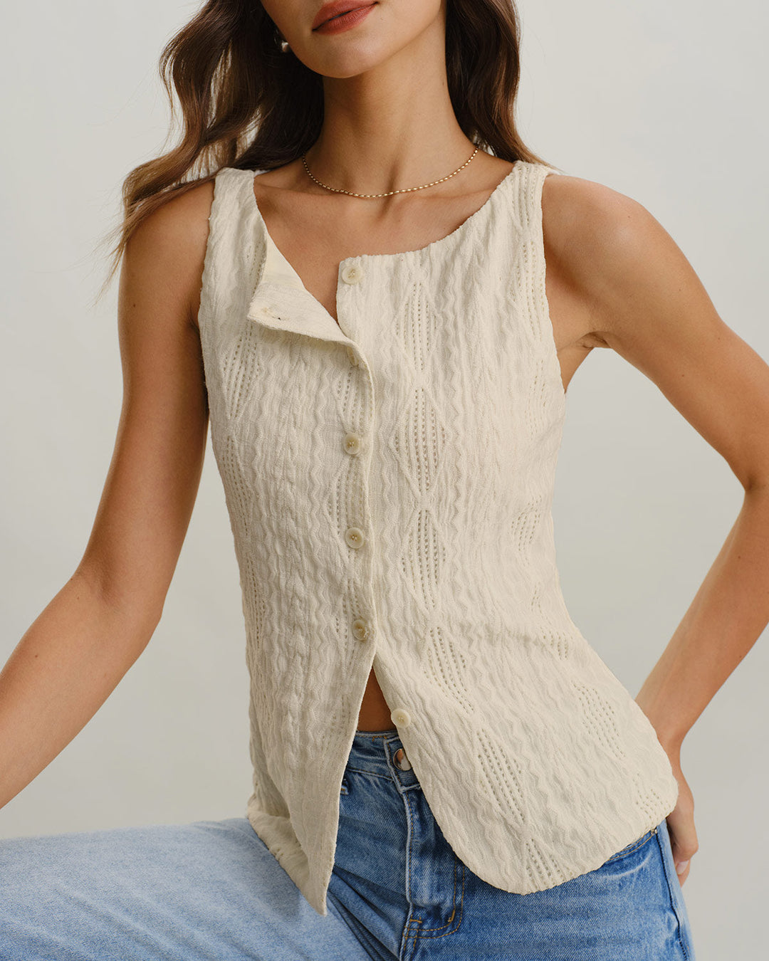 Morgan and Brooke | Beige Boat Neck Button Tank Top