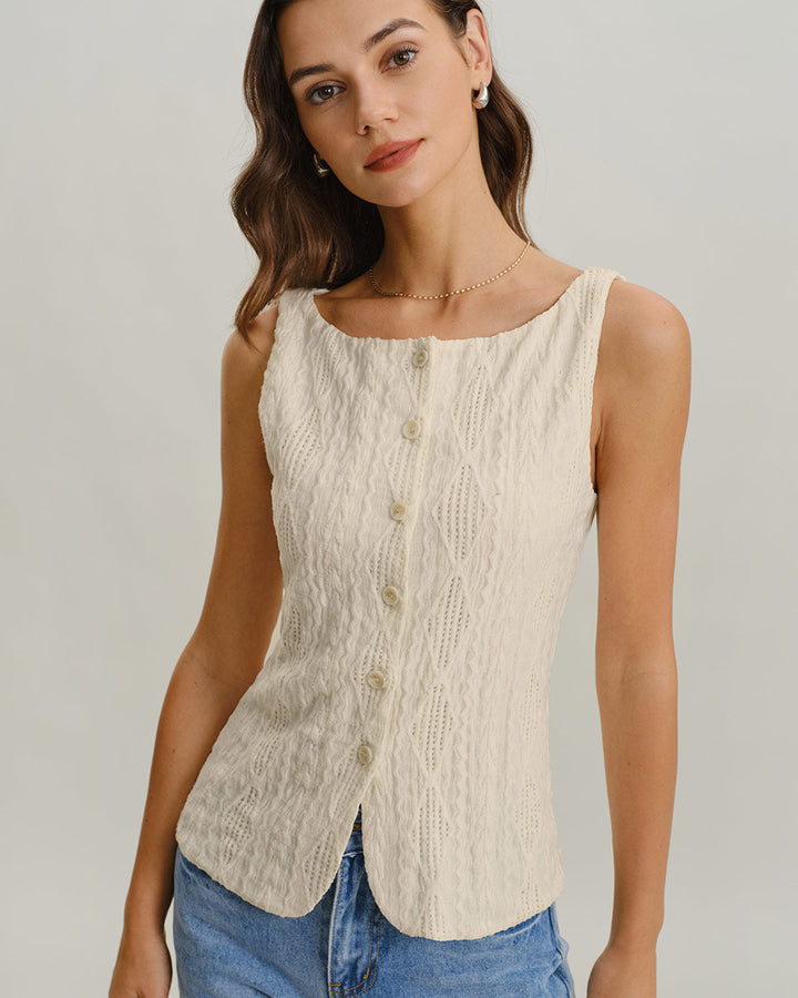 Morgan and Brooke | Beige Boat Neck Button Tank Top