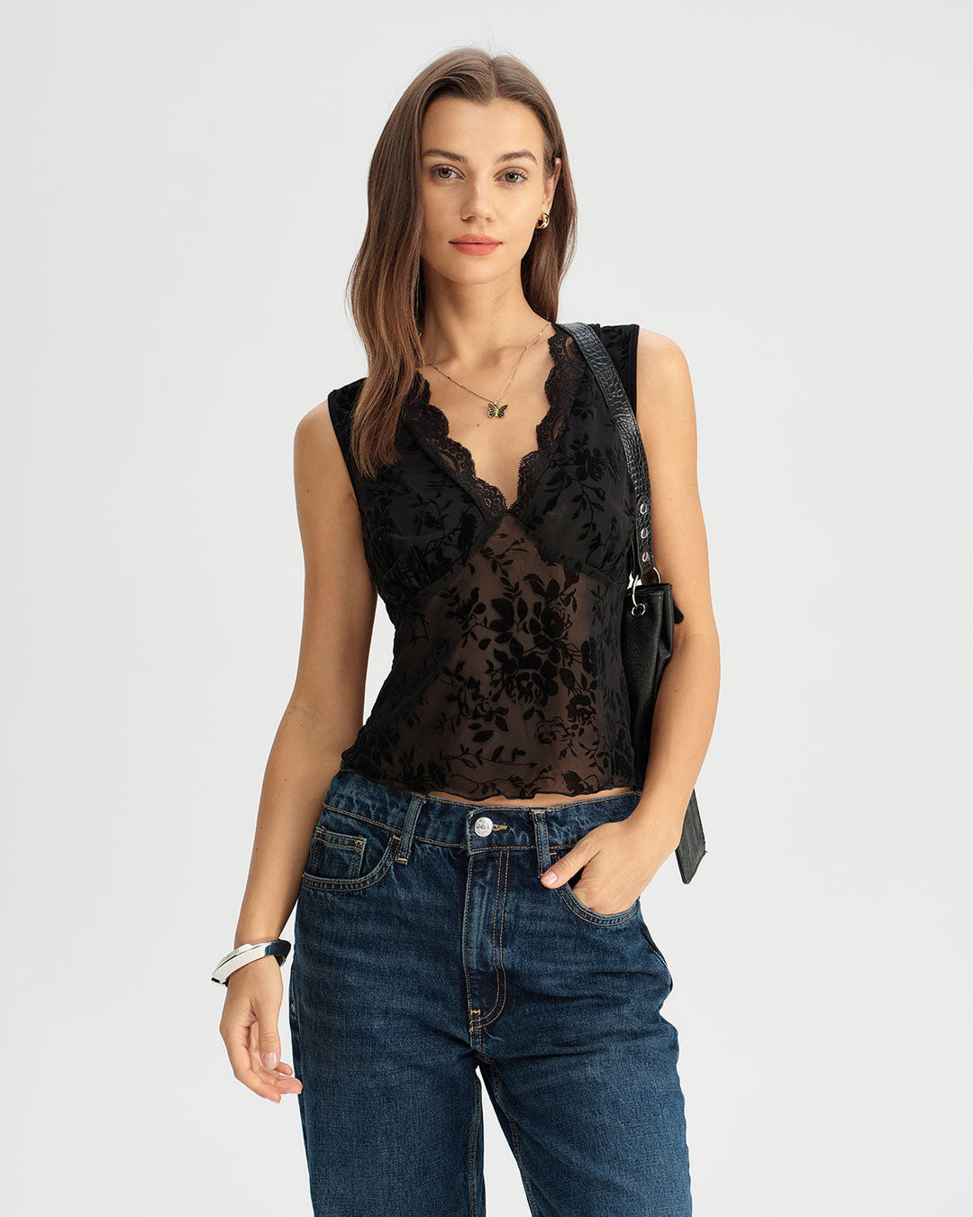 Morgan and Brooke | Lace V Neck Tank Top for Women in Black