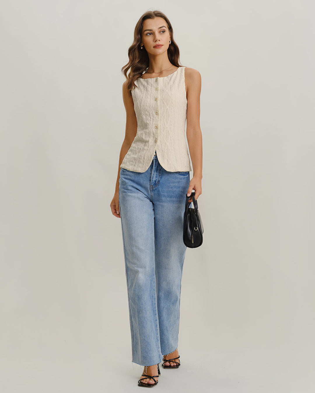 Morgan and Brooke | Beige Boat Neck Button Tank Top