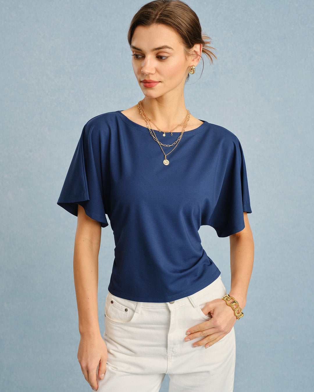 Morgan and Brooke | Boat Neck Tie Tee for Women in Blue