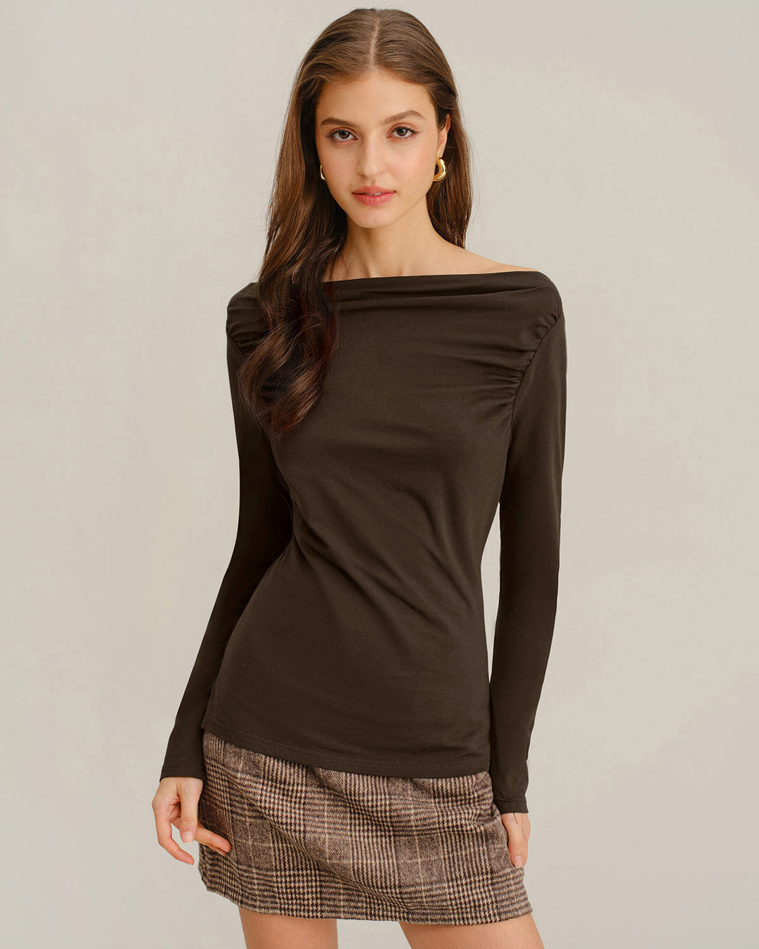 Morgan and Brooke | Ruched Knit Tee for Women in Coffee