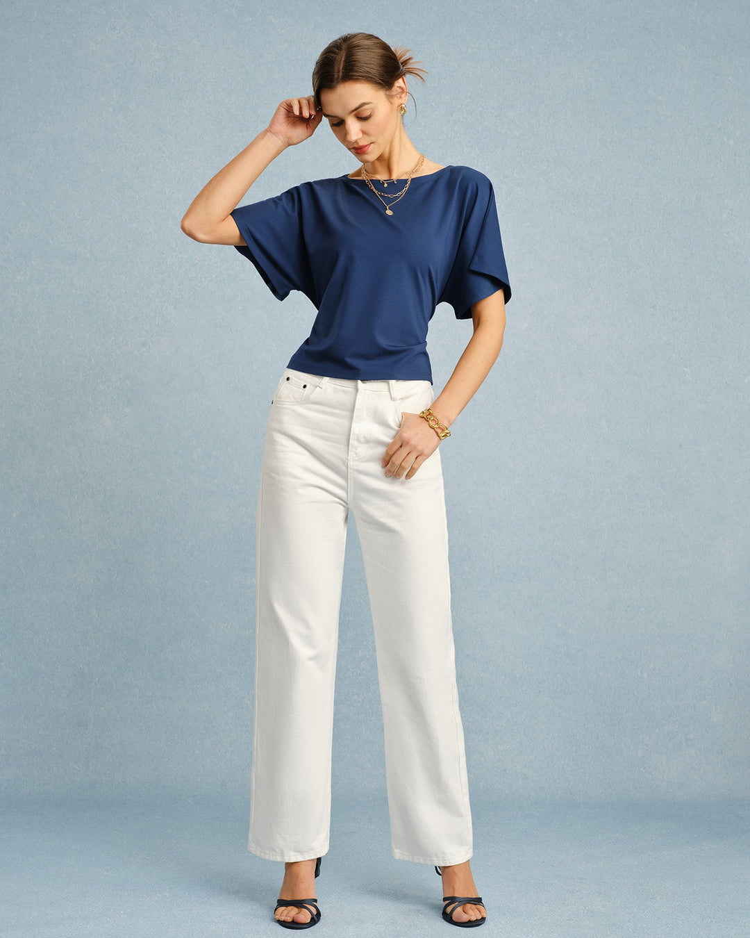 Morgan and Brooke | Boat Neck Tie Tee for Women in Blue