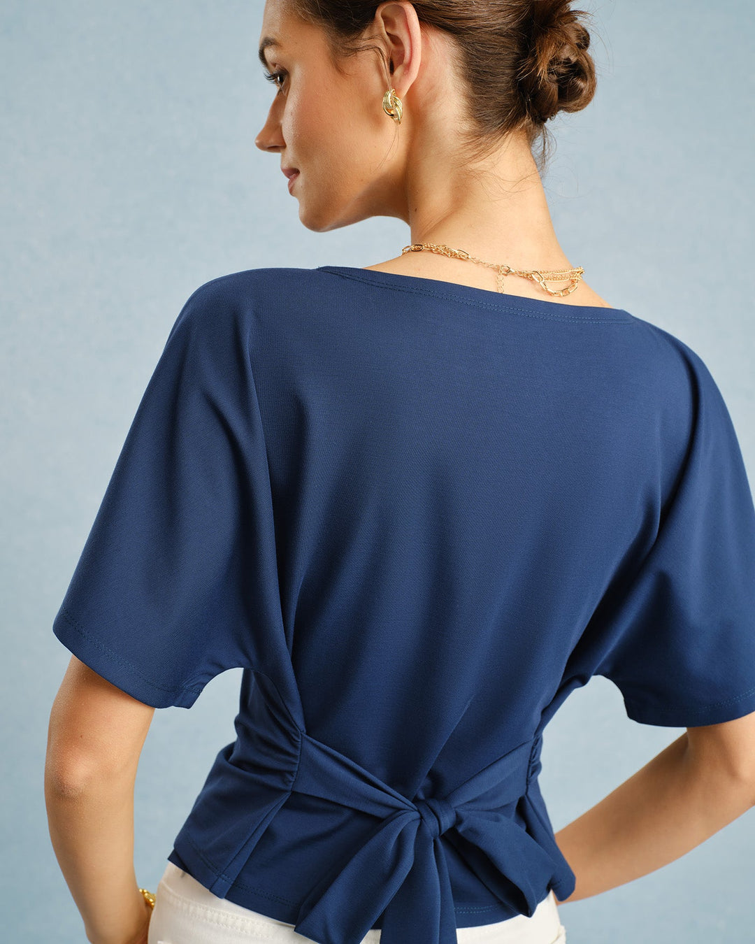 Morgan and Brooke | Boat Neck Tie Tee for Women in Blue