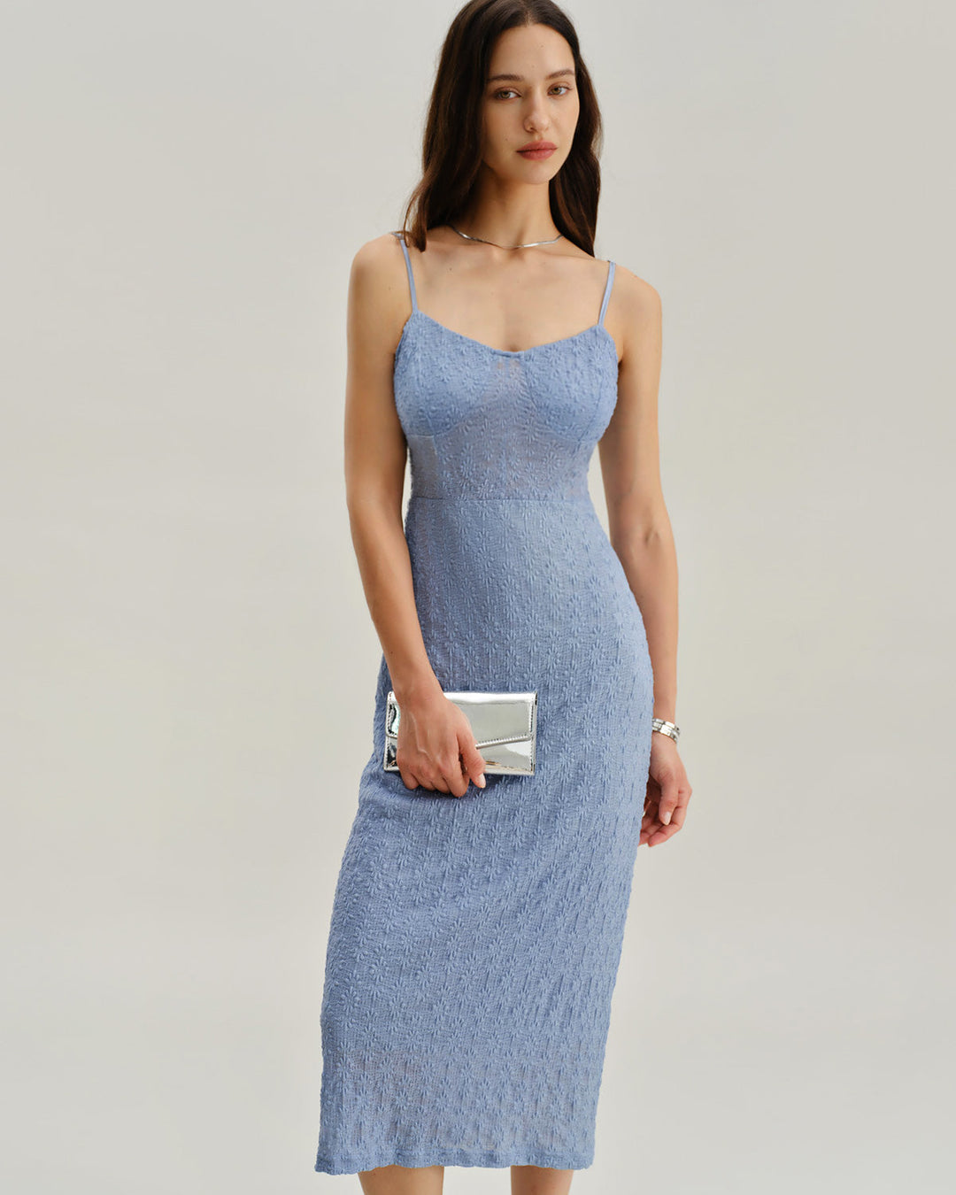 Morgan and Brooke | Lace Bodycon Midi Dress for Women in Blue