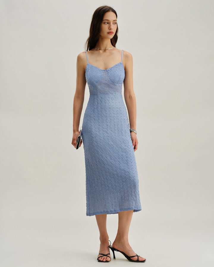 Morgan and Brooke | Lace Bodycon Midi Dress for Women in Blue