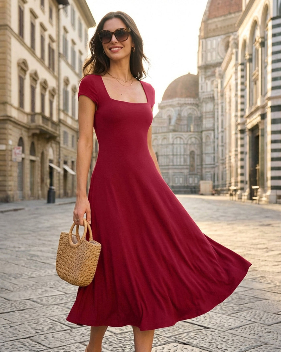 Morgan and Brooke | Square Neck Pocket Midi Dress in Red