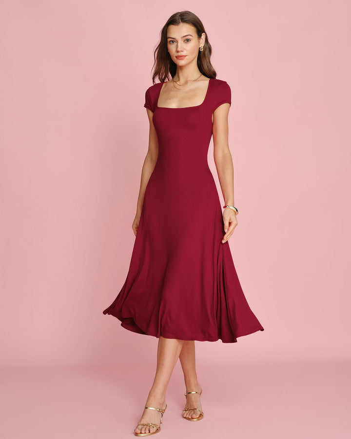 Morgan and Brooke | Square Neck Pocket Midi Dress in Red