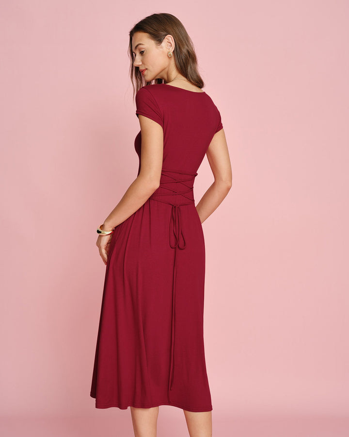 Morgan and Brooke | Square Neck Pocket Midi Dress in Red