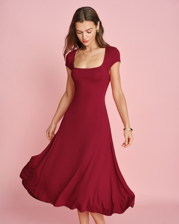 Morgan and Brooke | Square Neck Pocket Midi Dress in Red