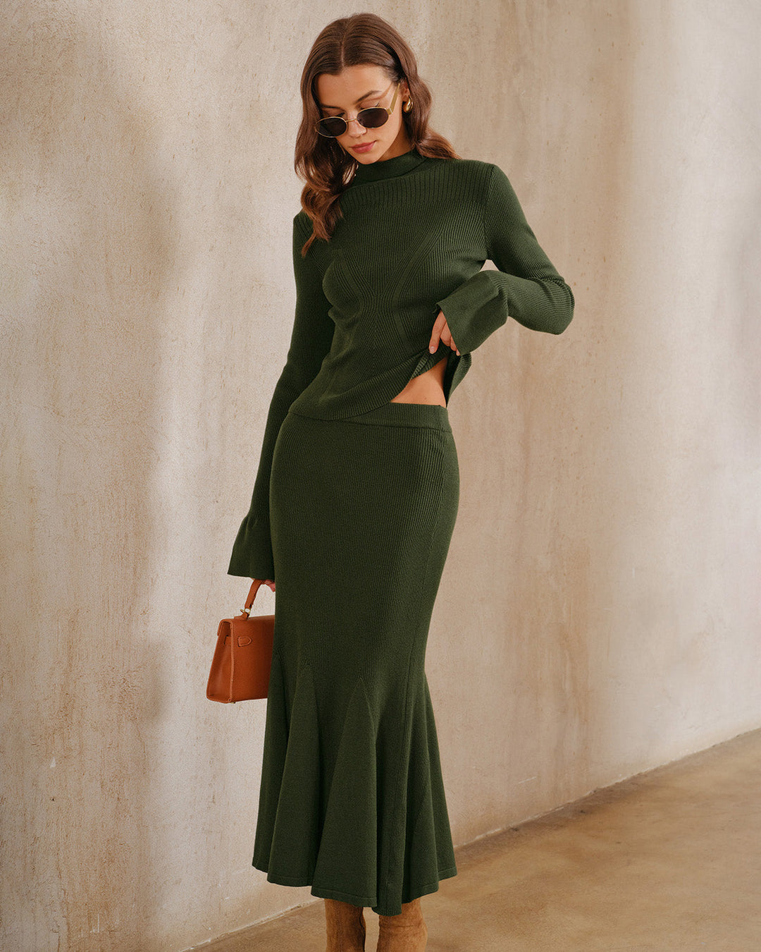 Morgan and Brooke | Knit Mermaid Midi Skirt, Green