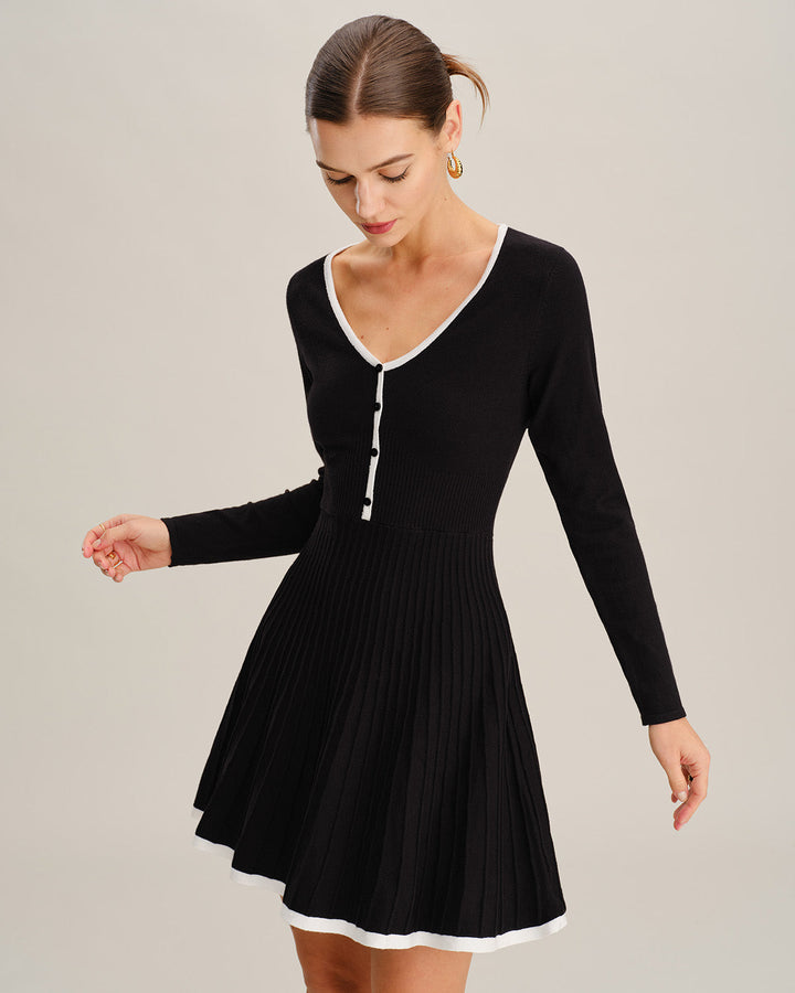 Morgan and Brooke | V Neck Button Sweater Dress for Women in Black