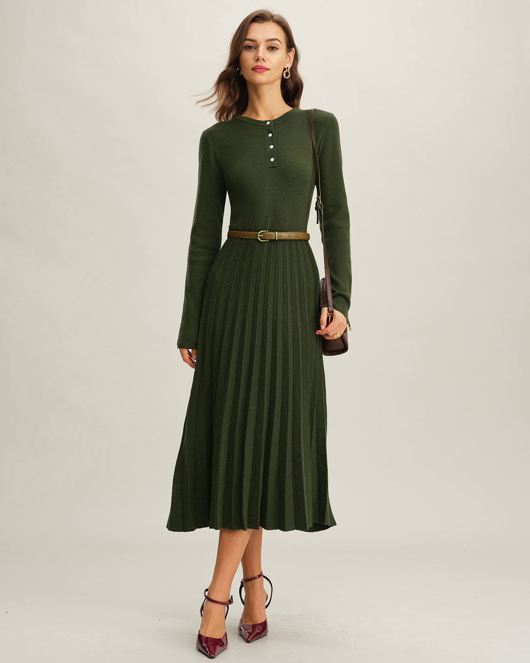 Morgan and Brooke | Green Round Neck Pleated Sweater Dress