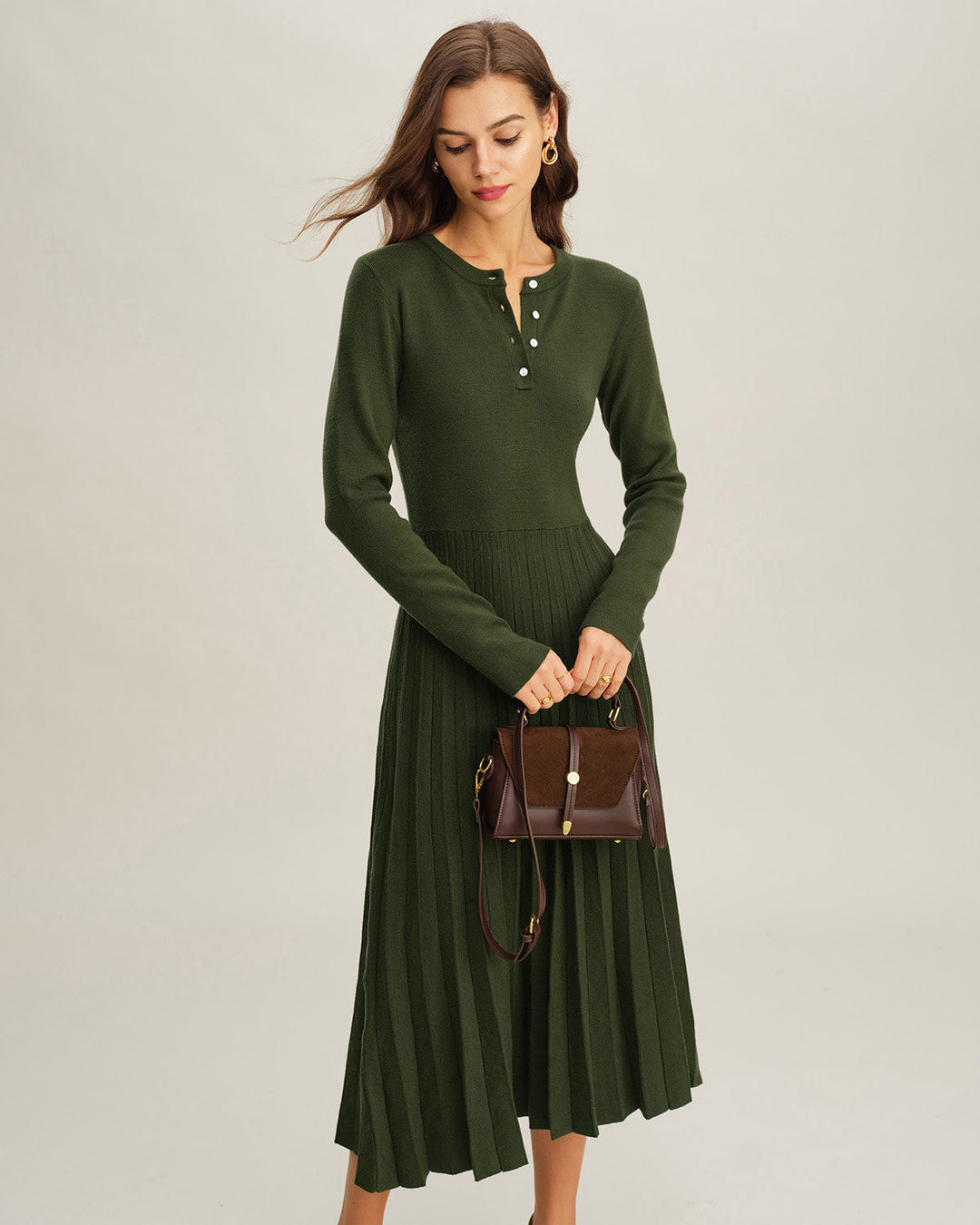 Morgan and Brooke | Green Round Neck Pleated Sweater Dress