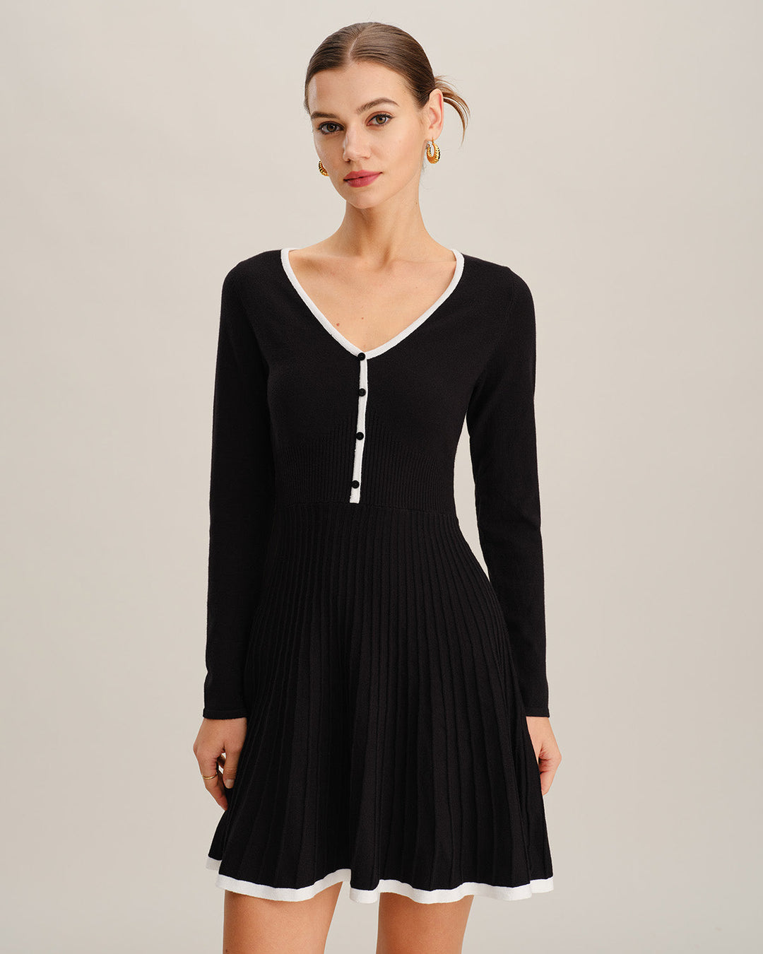 Morgan and Brooke | V Neck Button Sweater Dress for Women in Black