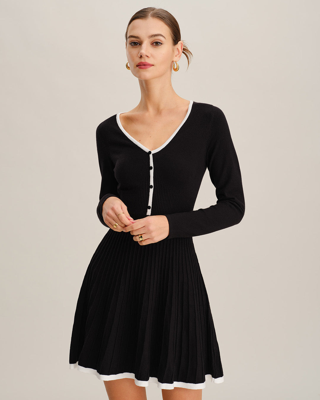 Morgan and Brooke | V Neck Button Sweater Dress for Women in Black