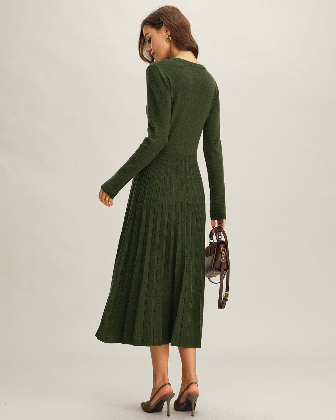 Morgan and Brooke | Green Round Neck Pleated Sweater Dress