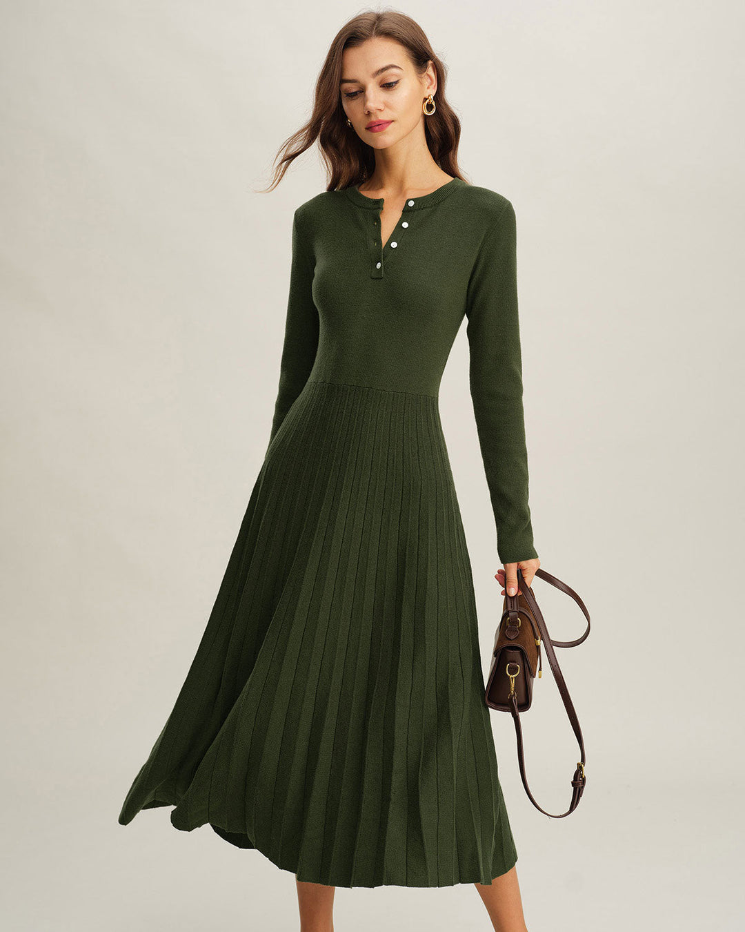 Morgan and Brooke | Green Round Neck Pleated Sweater Dress