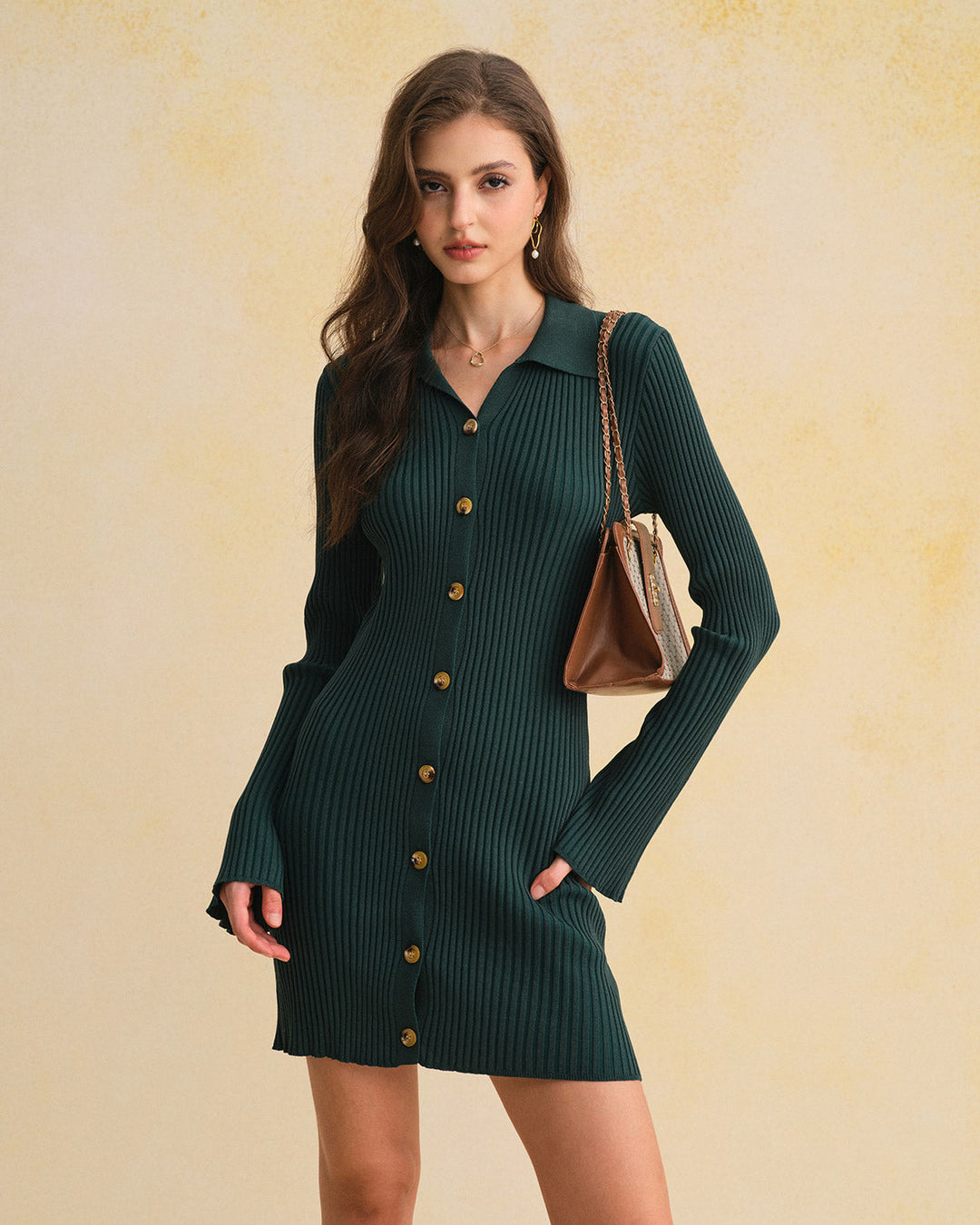 Morgan and Brooke | A-Line Button Sweater Dress for Women in Green