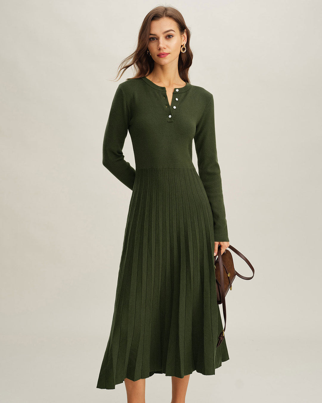 Morgan and Brooke | Green Round Neck Pleated Sweater Dress