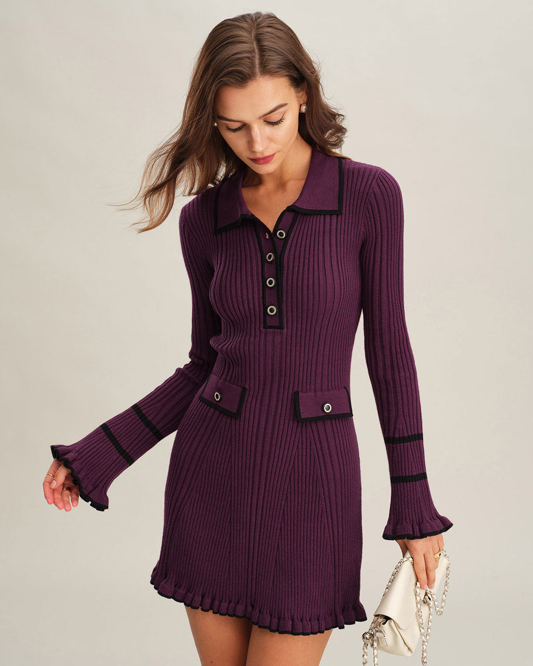 Morgan and Brooke | Bell Sleeve Sweater Dress for Women in Purple