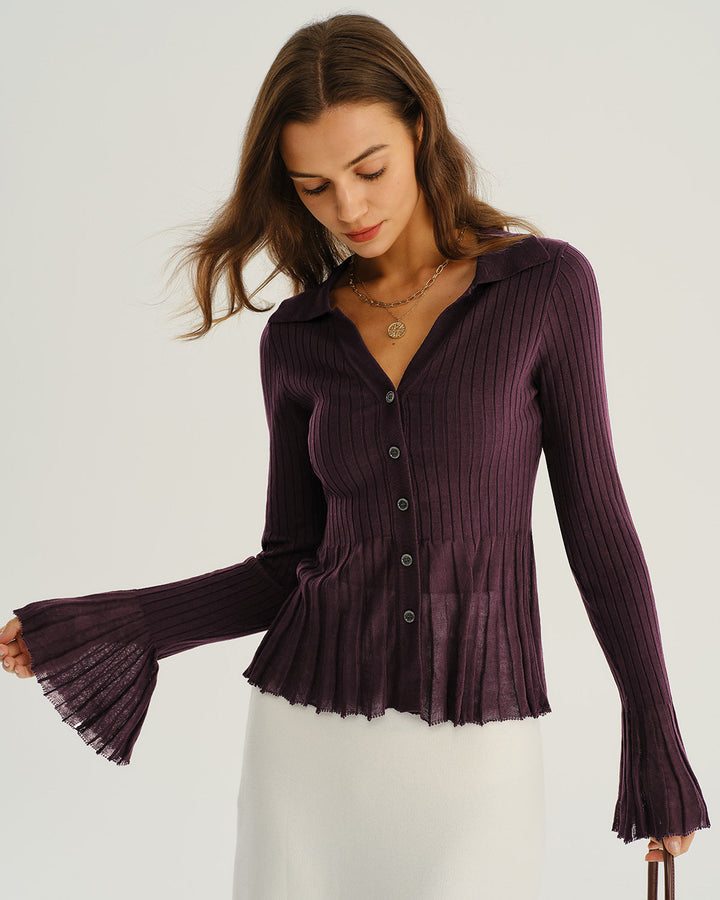 Morgan and Brooke | Ribbed Knit Cardigan for Women in Purple