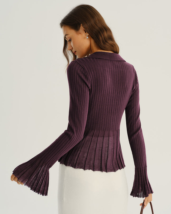 Morgan and Brooke | Ribbed Knit Cardigan for Women in Purple