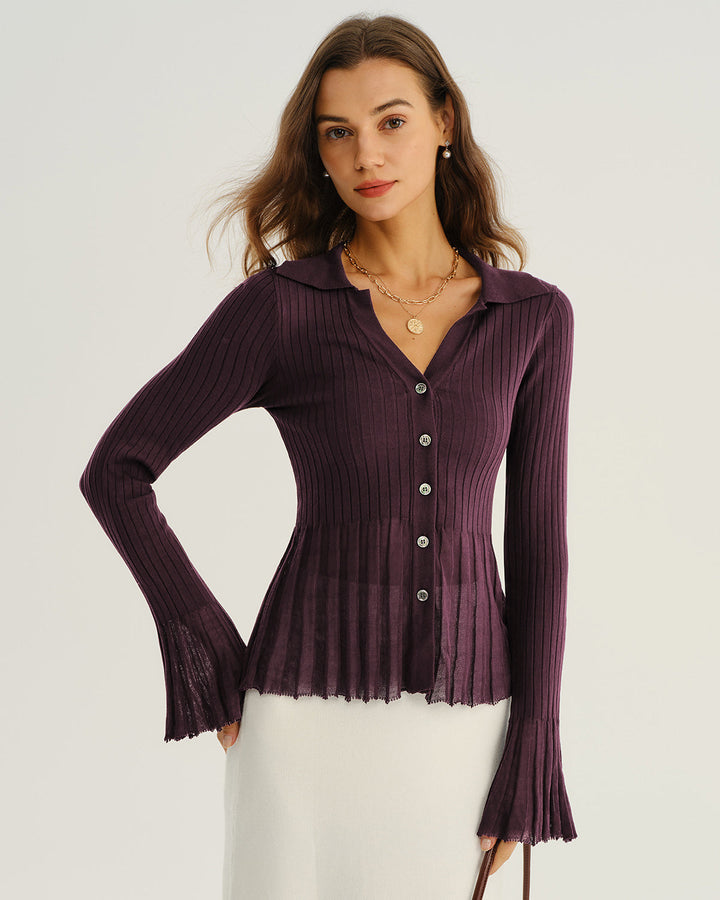 Morgan and Brooke | Ribbed Knit Cardigan for Women in Purple