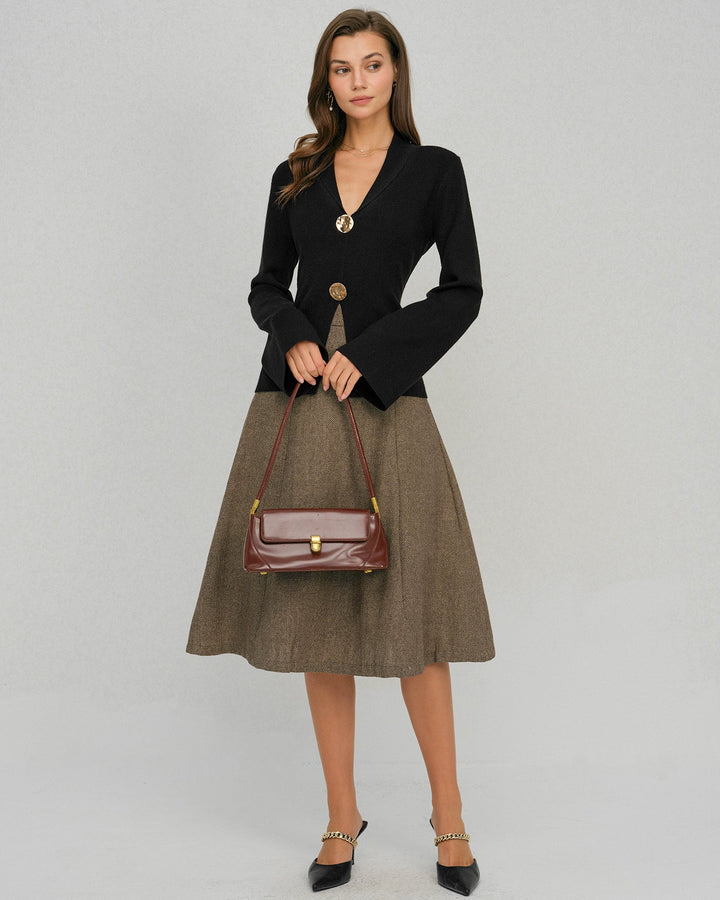 Morgan and Brooke | Bell Sleeve Button Collar Sweater for Women in Black