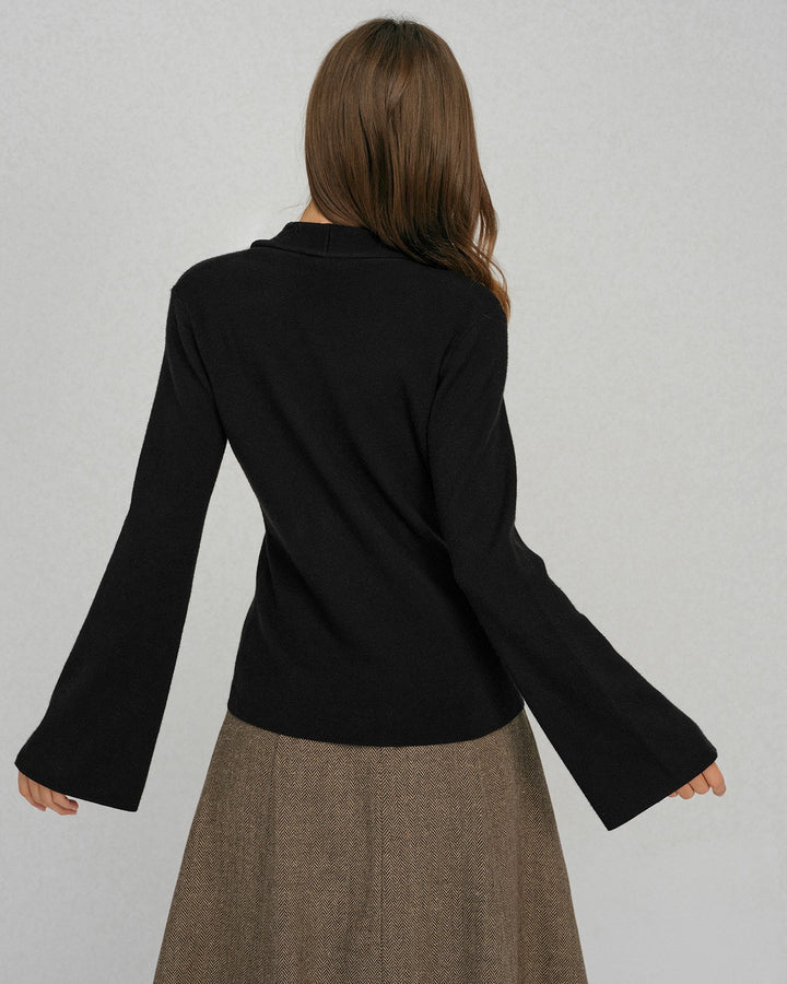 Morgan and Brooke | Bell Sleeve Button Collar Sweater for Women in Black