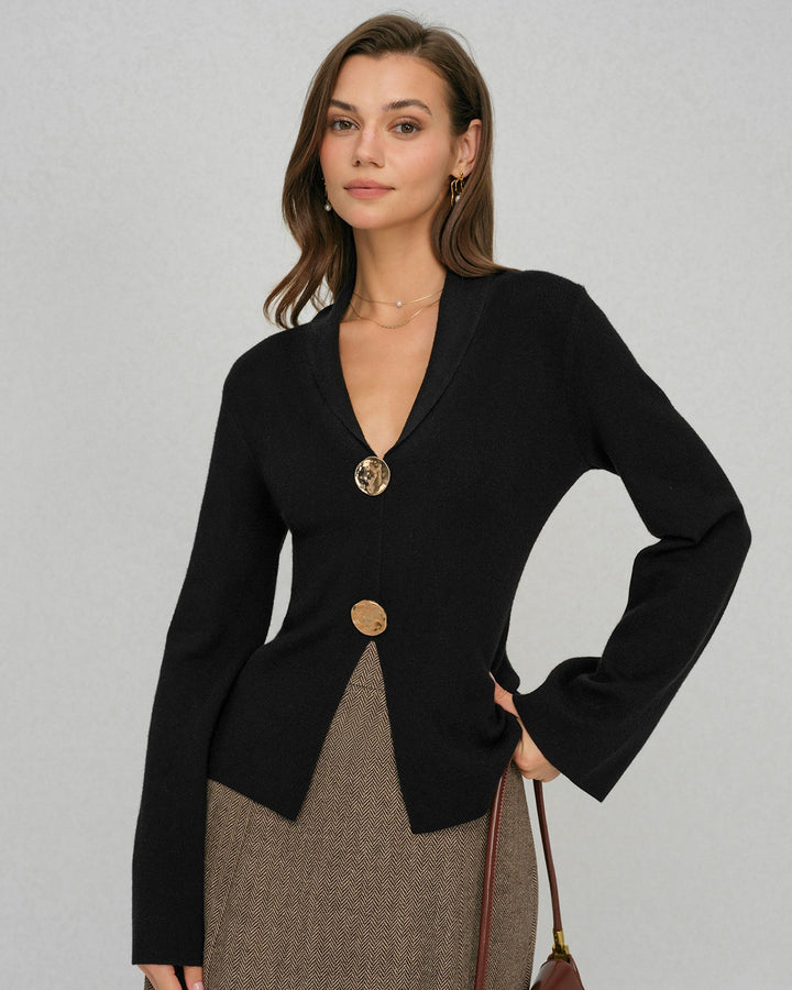Morgan and Brooke | Bell Sleeve Button Collar Sweater for Women in Black