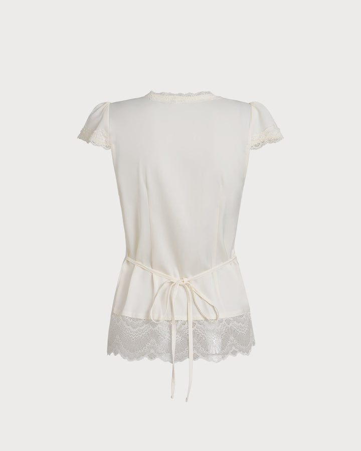 Morgan and Brooke | V Neck Lace Splicing Tee for Women in Apricot