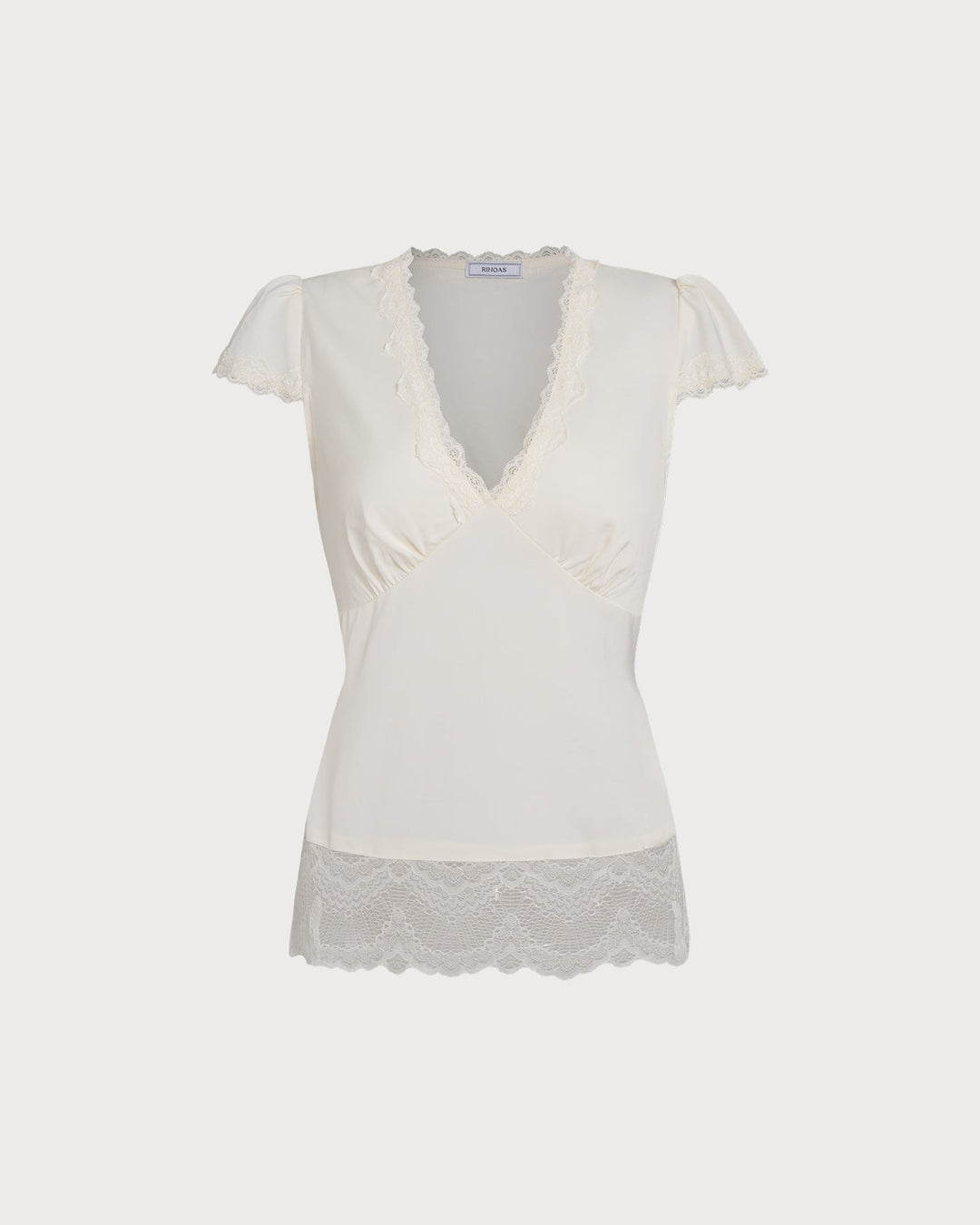 Morgan and Brooke | V Neck Lace Splicing Tee for Women in Apricot