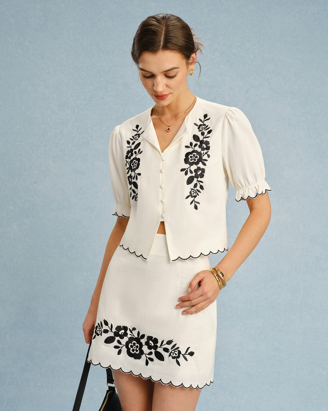 Morgan and Brooke | Beige Embroidered Puff Sleeve Blouse