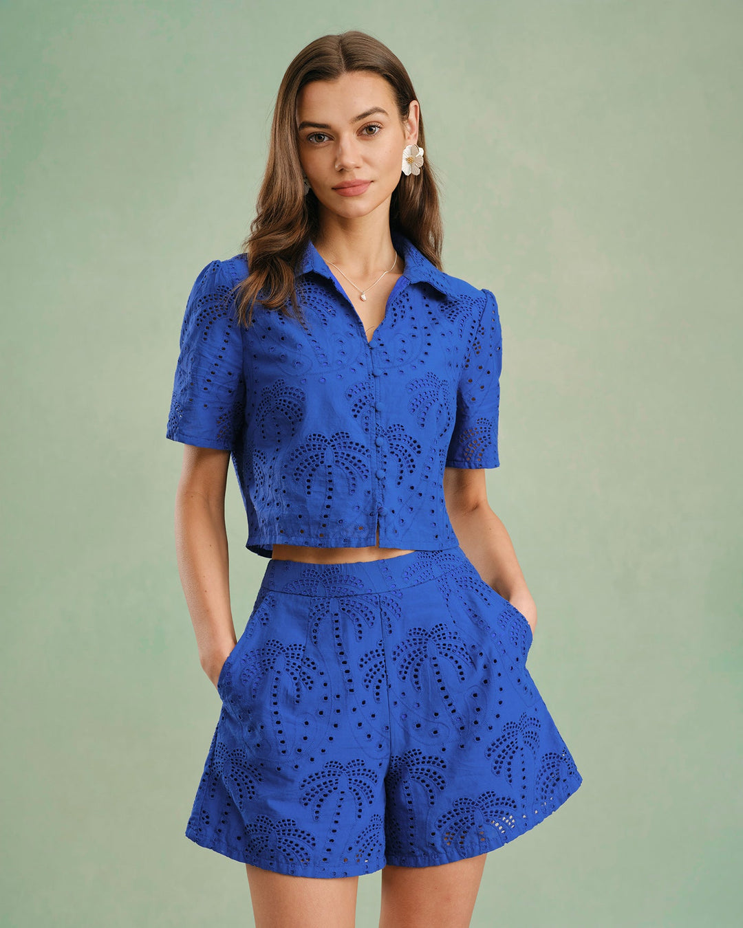 Morgan and Brooke | Textured Button Collar Blouse for Women in Blue