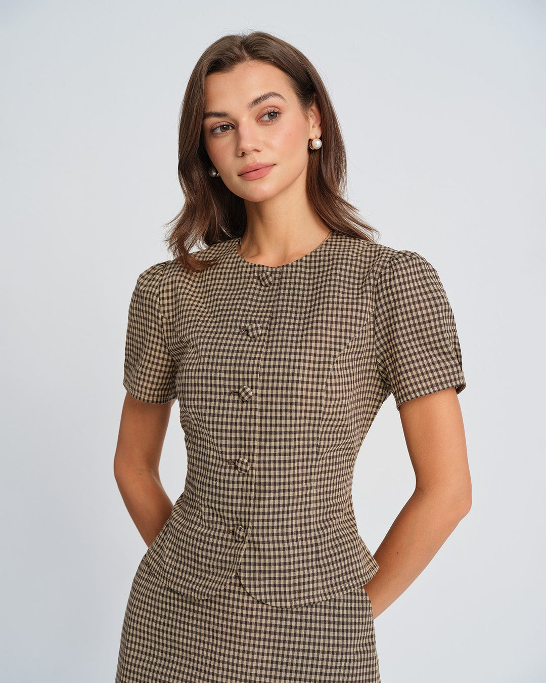 Morgan and Brooke | Brown Plaid Puffed Sleeve Blouse