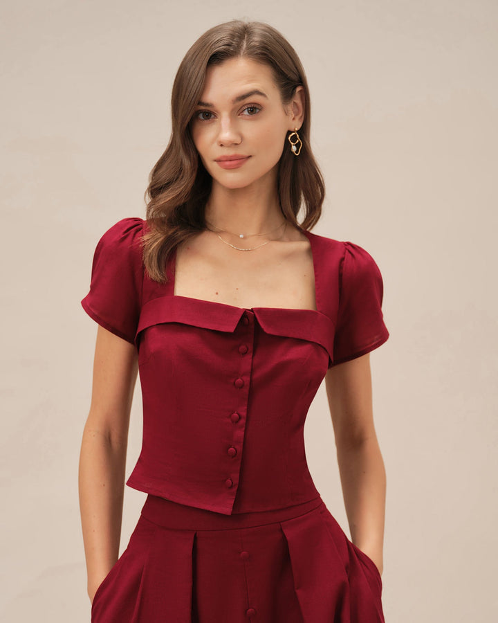 Morgan and Brooke | Square Neck Cross Tie Blouse for Women in Red