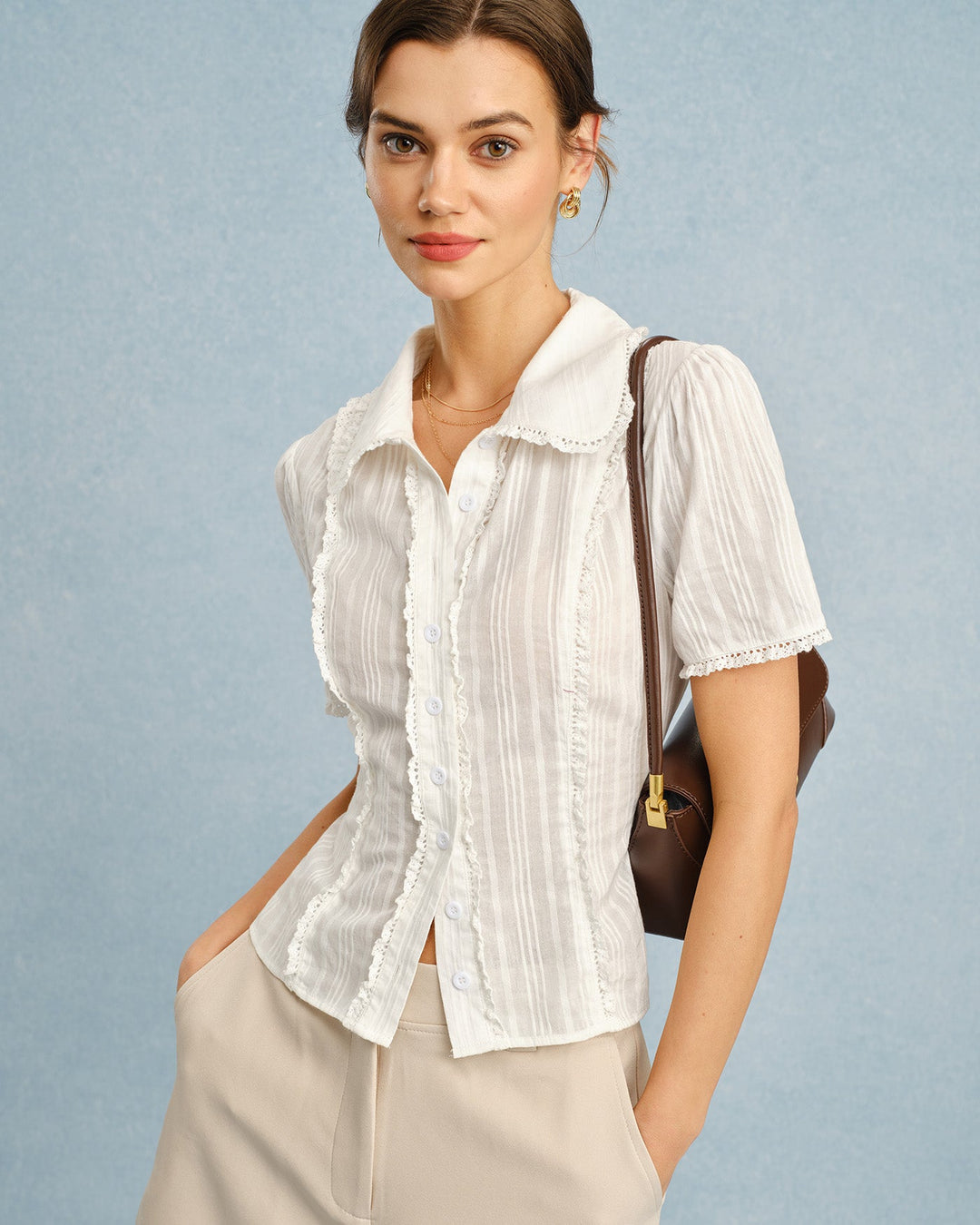 Morgan and Brooke | Lace Button Blouse for Women in White