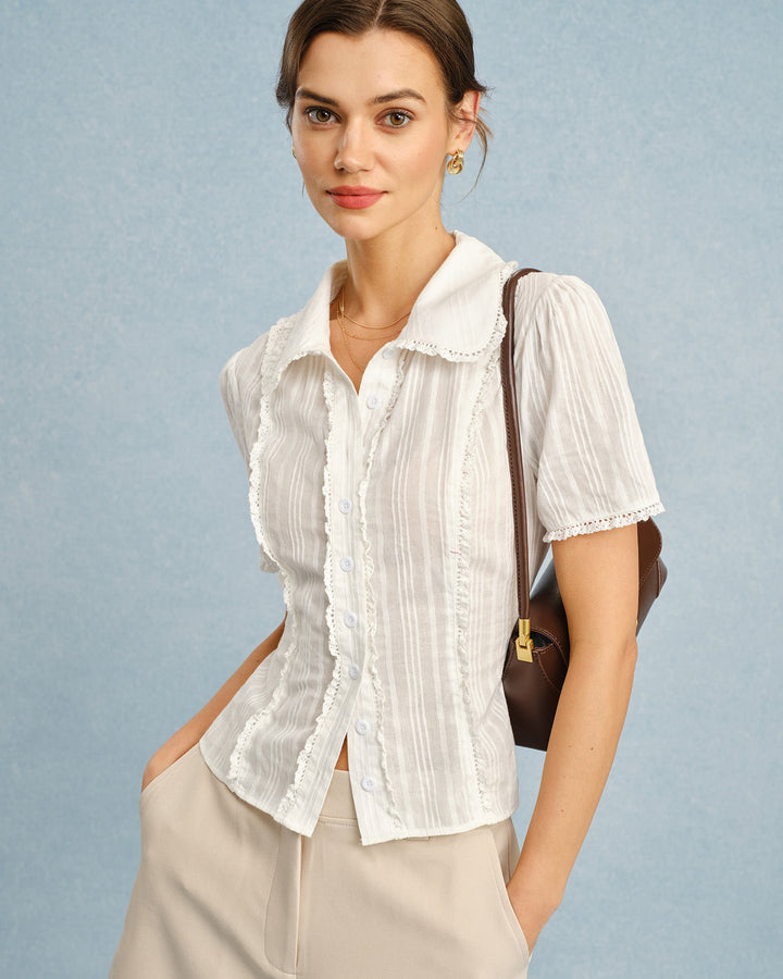 Morgan and Brooke | Lace Button Blouse for Women in White