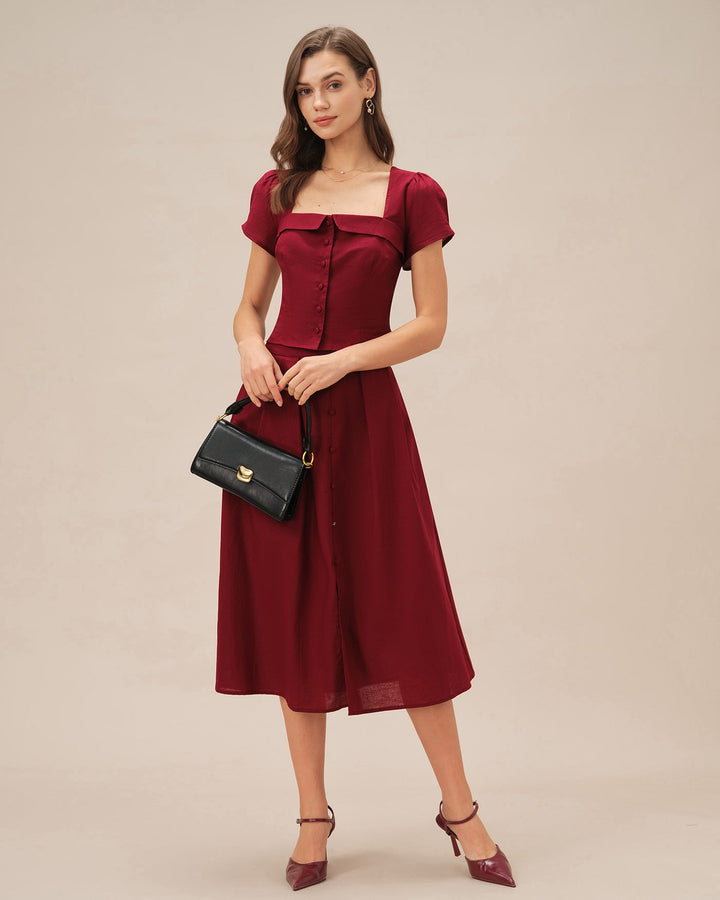 Morgan and Brooke | Square Neck Cross Tie Blouse for Women in Red