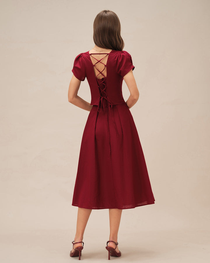 Morgan and Brooke | Square Neck Cross Tie Blouse for Women in Red