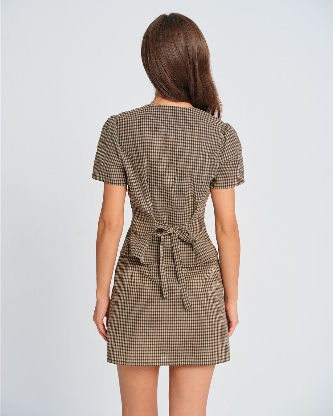 Morgan and Brooke | Brown Plaid Puffed Sleeve Blouse