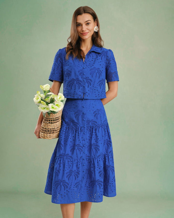 Morgan and Brooke | Textured Button Collar Blouse for Women in Blue